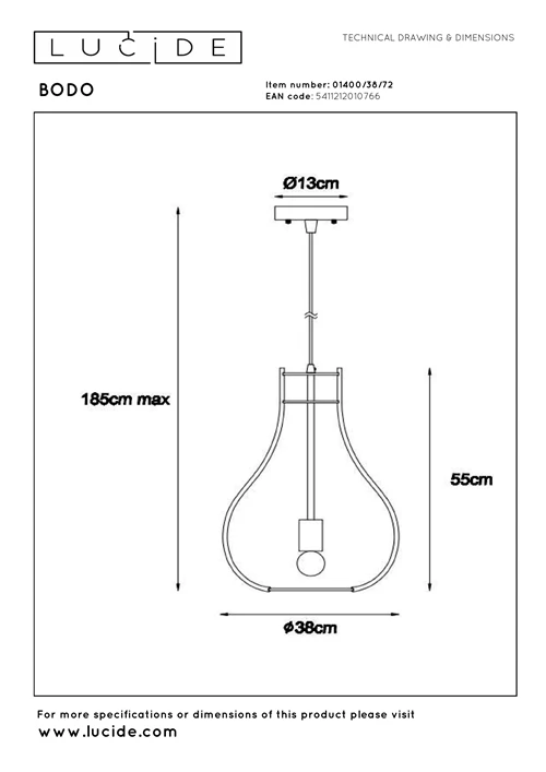Lucide BODO - Pendant light - Ø 38 cm - 1xE27 - Light wood - technical